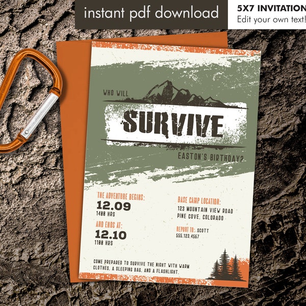 Outdoor Camping Trip Verjaardagsuitnodiging Teen Boy Surviver Party Militaire Uitnodiging - Instant Download met bewerkbare tekst