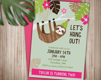 Sloth Birthday Invitation - pink tropical sloth party invitation - Instant Download with Editable Text