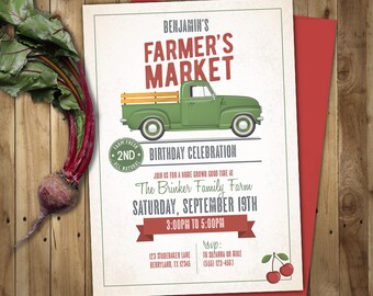 Vintage Farmers Market Birthday Party Invitation with Pickup Truck Garden Themed Baby Shower or Birthday - Instant Download Editable Text