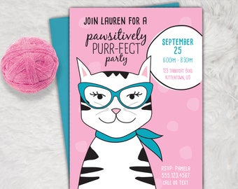 Pink Tabby Cat Birthday Invitation Cat with Glasses Kitten Birthday - Instant Download with Editable Text