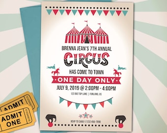 Circus Party Invitation, Big Top, Carnival, Vintage Circus Birthday Invitation - Instant Download with Editable Text