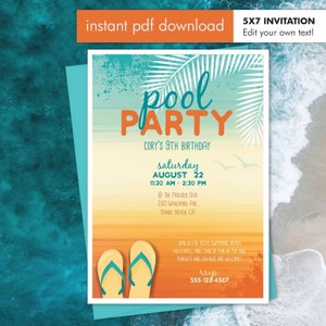 Pool party invitation summer birthday invite - Instant download with customizable text