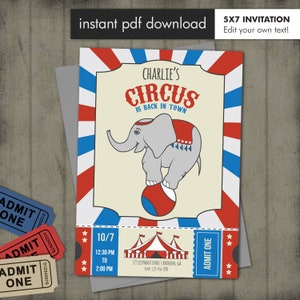 Circus Elephant Party Invitation, Dumbo Invitation, Carnival Birthday Invitation - Instant Download with Editable Text