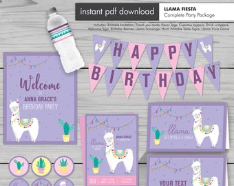 May include: A llama-themed birthday party printable pack with a purple background. The pack includes a welcome sign, birthday banner, invitation, thank you cards, favor tags, cupcake toppers, drink wrappers, table signs, and a llama scavenger hunt. The text "Happy Birthday" is featured on the banner.