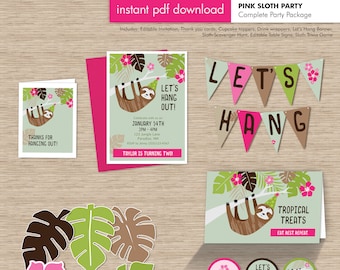 May include: Pink sloth party printable set with a sloth hanging from a tree branch, a banner that says "Let's Hang Out!" and a sign that says "Tropical Treats". The set also includes cupcake toppers, drink wrappers, a scavenger hunt, table signs, and a trivia game.
