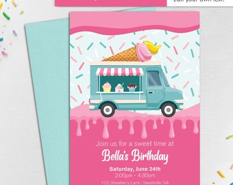 Può includere: Un invito rosa e blu di 5x7 con un camioncino dei gelati dei cartoni animati e confettini. Il testo recita "Join us for a sweet time at Bella's Birthday, Saturday, June 24th, 2:00pm - 4:30pm, 123 Strawberry Lane | Sweetville, GA, RSVP 555.123.4567".
