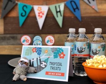 May include: A tropical themed party table setting with a sign that reads "Tropical Treats Eat. Rest. Repeat."  There are three bottles of water with sloth labels, a bowl of popcorn, and a stuffed sloth.