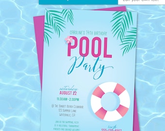 Pool party invitation summer birthday invitation - Instant download with editable text