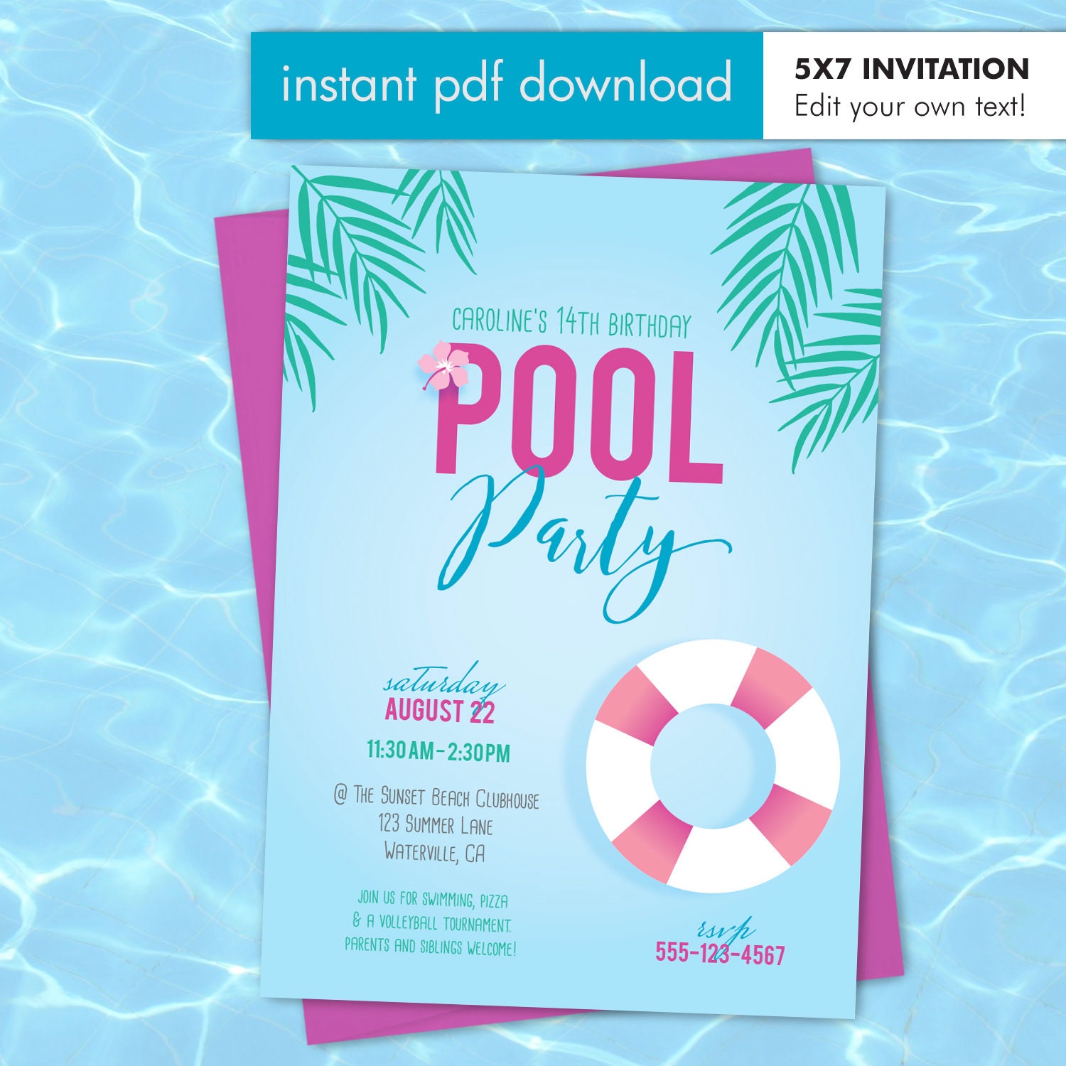 Pool Party Invitation Summer Birthday Invitation Instant Etsy