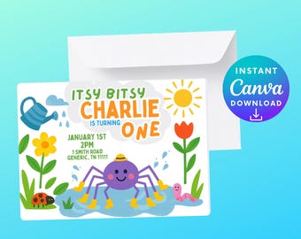 May include: A colorful birthday invitation featuring a purple spider with yellow boots, a watering can, and a smiling sun. The text reads "Itsy Bitsy Charlie is turning one" with the date, time, and location. Includes a white envelope and a "Canva Download" badge.