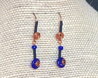 Blue and Copper Spiral Dangle Earrings
