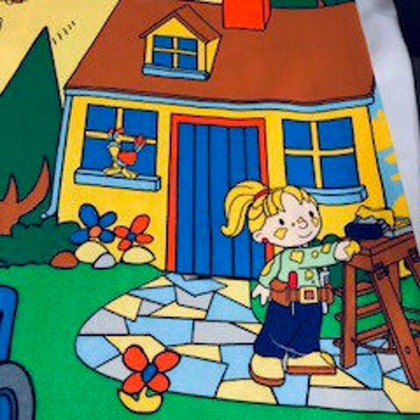 Children’s 100% Cotton Fabric,Bright Bold Colors,Construction Theme with Heavy Equipment,Hand Tools,Man and Children,, Ducks, and Ponds.