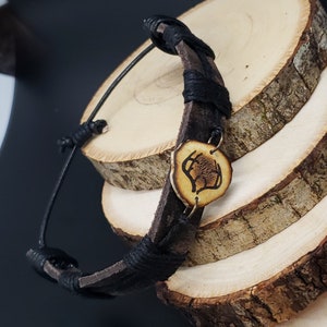 Leather Bracelet with Engraved Antler