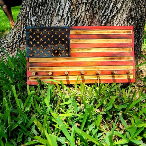 Wall mounted American flag wood key holder/keyholder key rack with bullet hooks. KnightCreationsShop