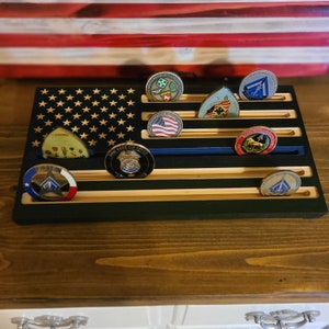 Wood American flag Thin blue line (TBL) 7.25in x 13.750in flag challenge coin holder/display. Welcome to KnightCreationsShop