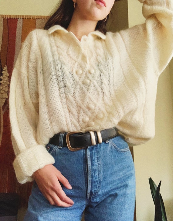 80s French Mohair Oversized Cream Pullover Knit Sw