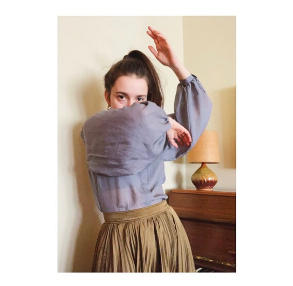 Grey Lavender Puff Sleeve Silk Sheer Long Sleeve B