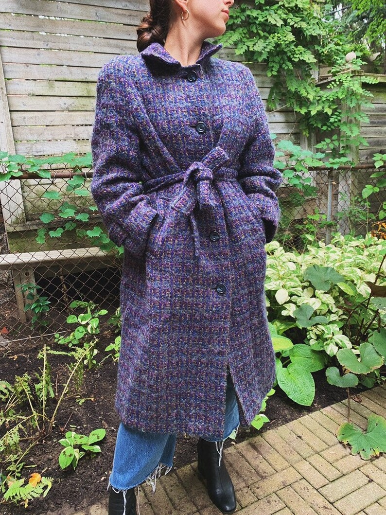 Small Medium 40 Bust 80s Aquascutum Purple Woven Tweed Belted Long Wool Coat with Scarf