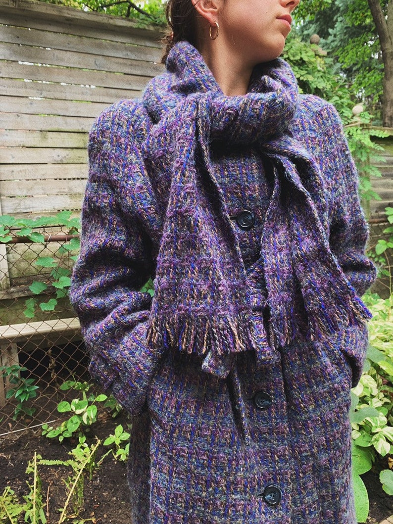 Small Medium 40 Bust 80s Aquascutum Purple Woven Tweed Belted Long Wool Coat with Scarf