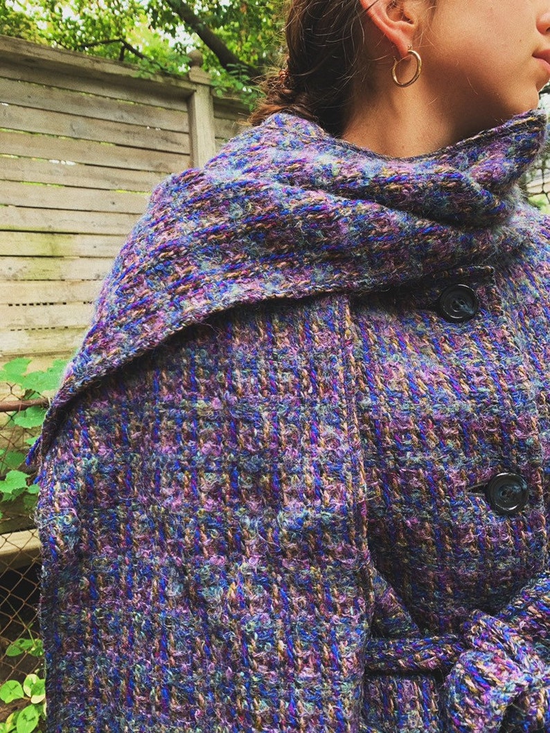 Small Medium 40 Bust 80s Aquascutum Purple Woven Tweed Belted Long Wool Coat with Scarf