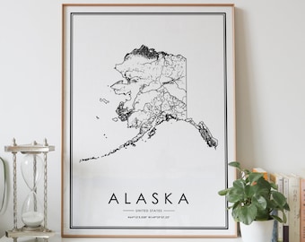 Map Home Decor Alaska Vintage Map Black Framed Wall Art Print