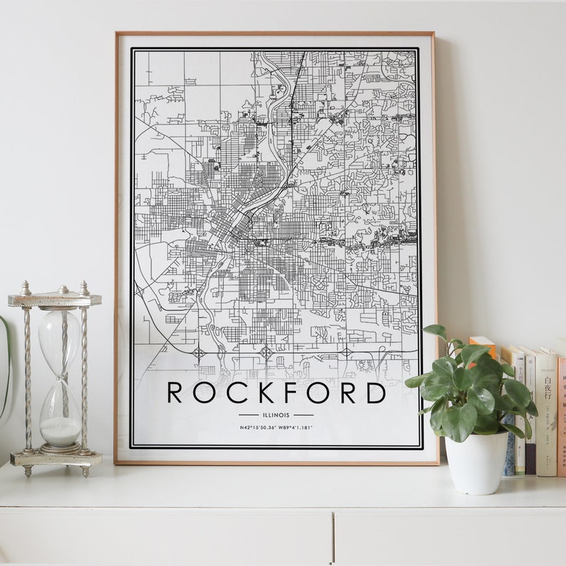 custom city map poster city map wall art decor Personalized black and white digital map download ROCKFORD Illinois IL USA city map print