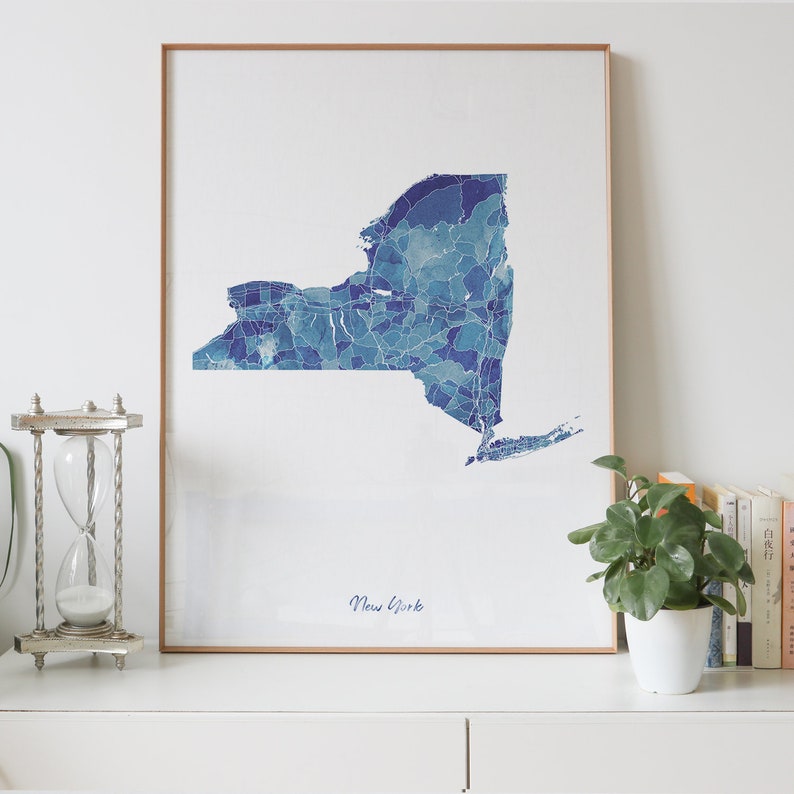 Personalized gift New York State Road map print watercolor blue painting print of NY USA United States US map wall art decor framed poster
