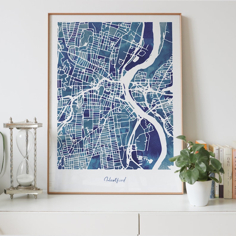 Hartford city map print Personalized artwork map gifts watercolor painting print of Connecticut CT USA map wall art decor framed poster