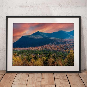 Impresión de otoño, Paisaje Foto, Blanco Montañas Impresión, New Hampshire, Follaje de Otoño, Nueva Inglaterra, Montañas, Escénica, Puesta del Sol