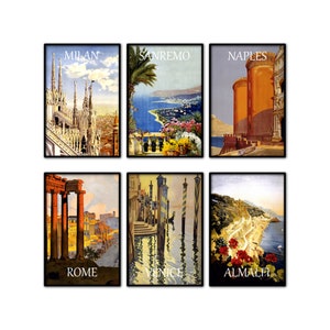 Vintage Italy Posters, Italy Poster Set of 6, Italian Cities Prints, Print Sets, Milan, Sanremo, Naples, Rome, Venice, Almalfi, Retro Set