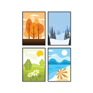 Four Seasons Poster Set, Set of 4 Seasons, Autumn, Winter, Spring, Summer, Snow, Foliage, Beach, Flowers, Poster Art, Wall Art,
