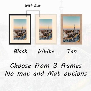 May include: Three picture frames with different colored frames: black, white, and tan. Each frame has a mat and a picture of a cityscape with a tall tower in the center. The text "With Mat" is above the frames. The text "Choose from 3 frames No mat and Mat options" is below the frames.