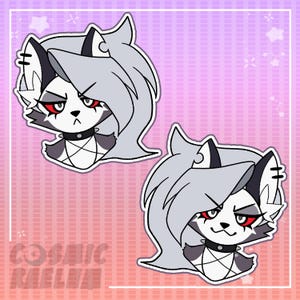 May include: Two stickers featuring a cartoon wolf character with gray fur, a white face, and red eyes. The character has a black collar and a stern expression. The stickers are set against a pink and purple gradient background with the text "COSMIC MELU" at the bottom.