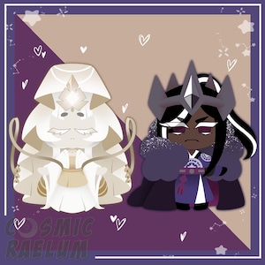 May include: Digital art featuring two cartoon characters. One is white with a diamond-shaped headpiece and flowing robes. The other is dark-skinned, wearing a crown and purple outfit. The background is a mix of purple and tan with hearts and stars.