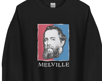 May include: Black sweatshirt with a red, white, and blue graphic of Herman Melville's face and the text "MELVILLE" underneath.