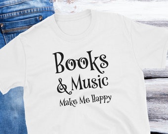 T-shirt libri e musica, camicia a maniche corte libri, camicia libro, libri classici, camicia amanti della musica, maglietta felice