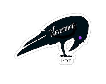 May include: Black silhouette of a raven with the word "Nevermore" and "POE" written below. The raven has a purple eye.