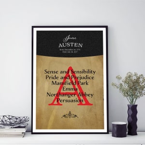 Jane Austen Print | Notable Works | Fine Art Print | Classic Books | Book Posters | Author Print