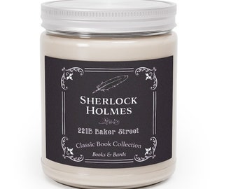 May include: A glass jar candle with a black and white label that reads "Sherlock Holmes 221B Baker Street Classic Book Collection Books & Bards".