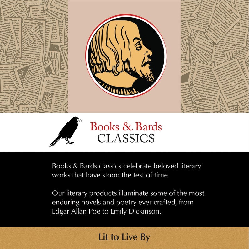 K&ouml;nnte beinhalten: Eine Schwarzwei&szlig;illustration eines Rabens vor rotem Hintergrund. Der Text "Books & Bards CLASSICS" befindet sich unter dem Raben. Der Text "Books & Bards classics celebrate beloved literary works that have stood the test of time. Our literary products illuminate some of the most enduring novels and poetry ever crafted, from Edgar Allan Poe to Emily Dickinson. Lit to Live By" befindet sich unter dem Text.