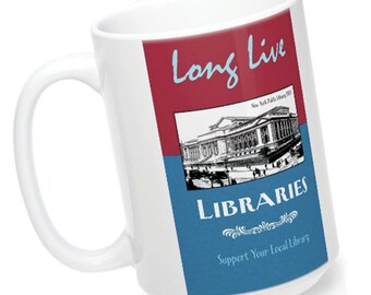 Tazza "Lunga vita alle biblioteche" da 15 once, tazza per bibliotecari, tazza da tè, libri classici, regali letterari, regali per amanti dei libri