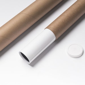 May include: Two brown cardboard tubes, one partially unrolled to reveal a white poster inside. A white plastic end cap is also visible.