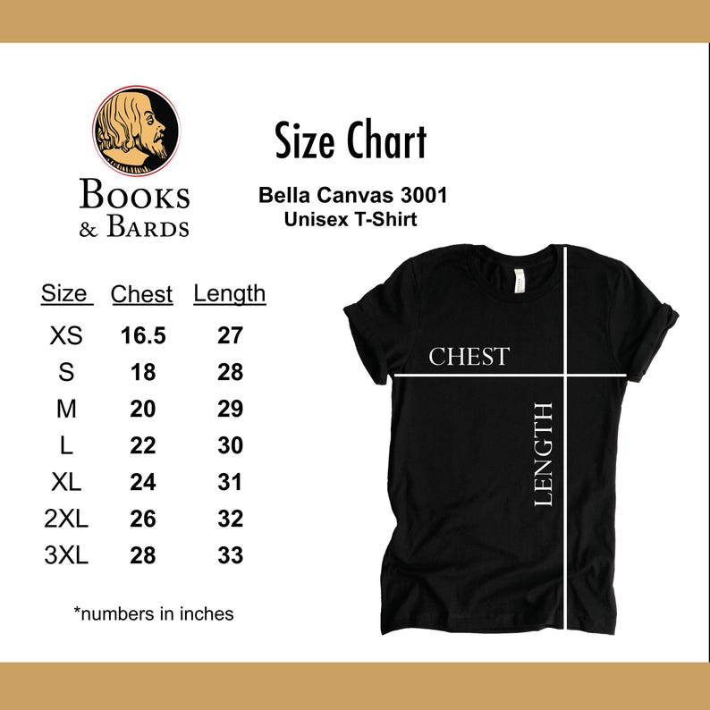 K&ouml;nnte beinhalten: Gr&ouml;&szlig;entabelle f&uuml;r ein Unisex-T-Shirt, die die Brust- und L&auml;ngenma&szlig;e in Zoll f&uuml;r die Gr&ouml;&szlig;en XS bis 3XL zeigt. Die Tabelle ist mit "Bella Canvas 3001 Unisex-T-Shirt" und "Books & Bards" beschriftet.