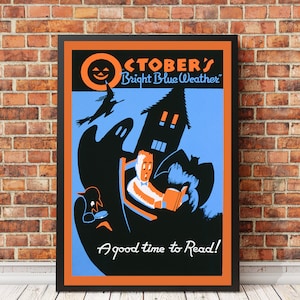 Afiche de Halloween, libros, impresión de lectura, octubre, impresión de otoño, carteles de WPA, un buen momento para leer, póster para amantes de los libros, fanáticos de los libros