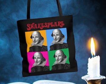 Bolsa tote com tema de pop art de Shakespeare, bolsa tote com tema de William Shakespeare, presentes literários, amantes de livros, livros clássicos, presentes literários
