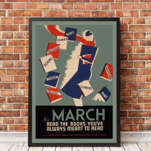 March Reads Poster, Library Poster, Book Gifts, Literary Gifts, Vintage Book Art, Classic Books, Gifts for Booklovers, WPA Project