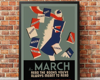 March Reads Poster, Library Poster, Book Gifts, Literary Gifts, Vintage Book Art, Classic Books, Gifts for Booklovers, WPA Project