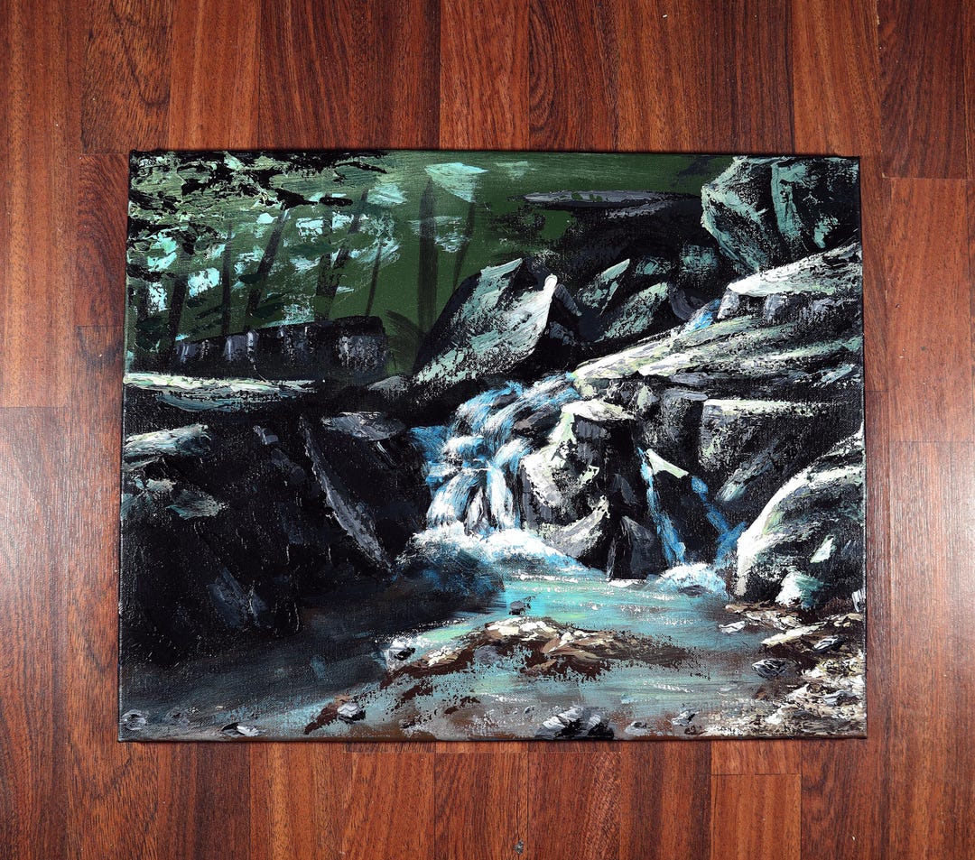 深い森の滝 16 x 20インチ アクリル絵画 オリジナル - Etsy 日本