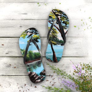 fishing spot Scenic Flip Flops with Nature Design | Summer Beach Footwear, Vacation Sandals, Outdoor Style, Gift for Beach Lovers
