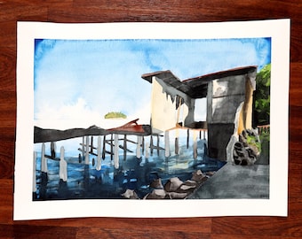 Edificio abandonado en Cabo Rojo, Puerto Rico (pintura original en acuarela de 11 x 15 pulgadas)